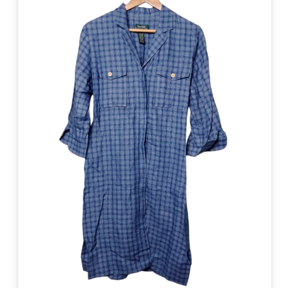 Lauren Ralph Lauren Dresses & Skirts - Linen Lauren Ralph Lauren button down shirt dress blue plaid size 12